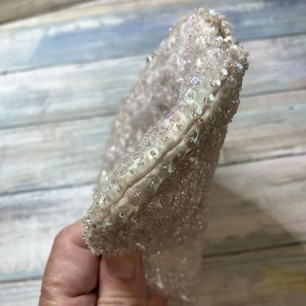 Vintage Beaded Sequin Evening Purse Clutch Made in Hong Kong Ivory Iridescent 8